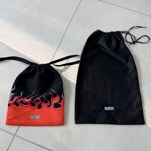Prada Black & Red Flame Drawstring Pouch Set & Prada navy  silk drawstring bag